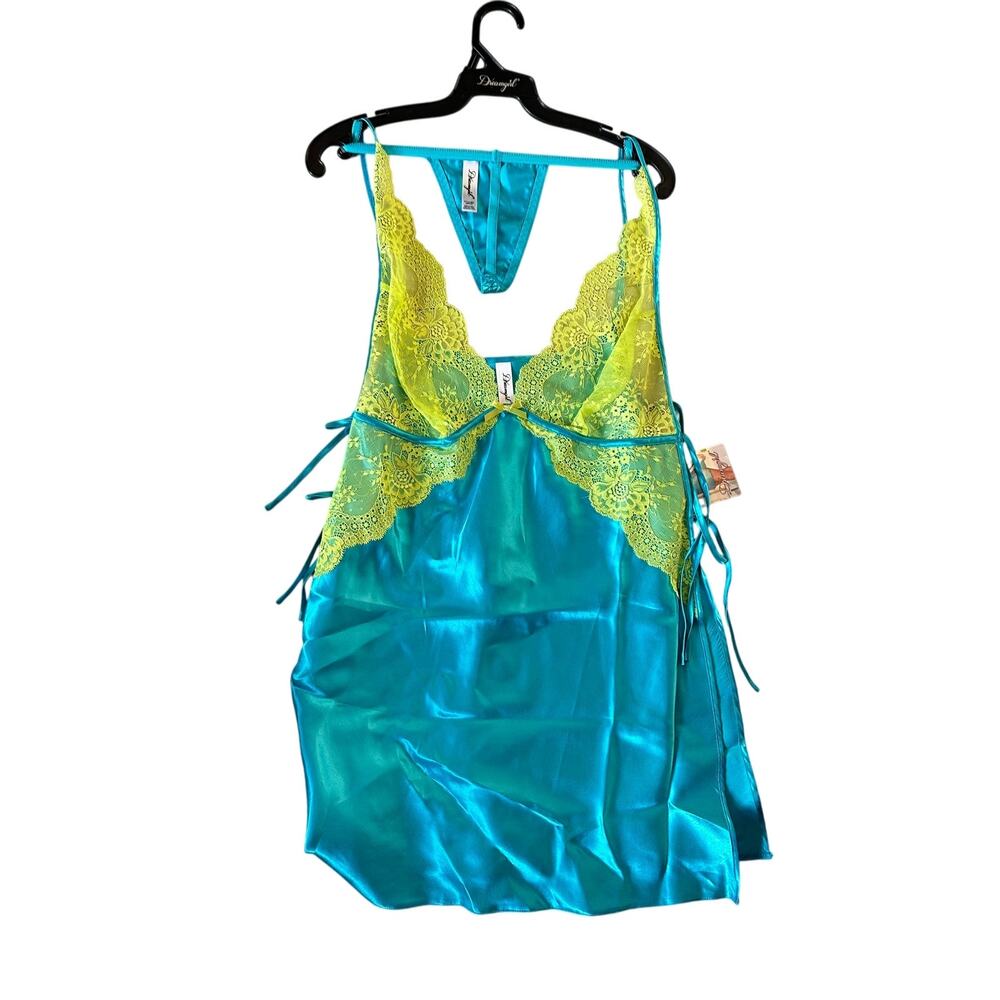 Dreamgirl Women's Silky Seductive Satin Charmeuse Toga Chemise,Turquoise/Lime, M